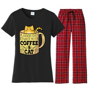 A Good Day Starts With Coffee And Cat Funny Women's Flannel Pajama Set