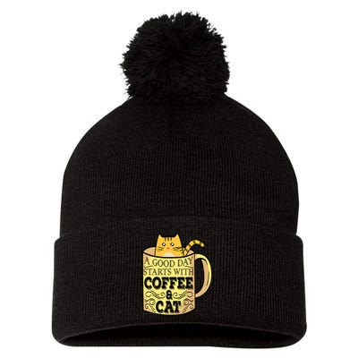 A Good Day Starts With Coffee And Cat Funny Pom Pom 12in Knit Beanie