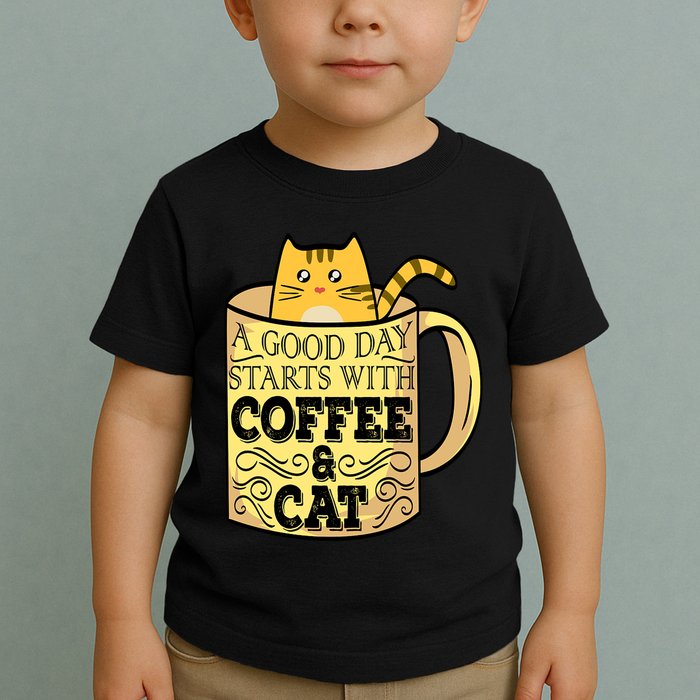 A Good Day Starts With Coffee And Cat Funny Toddler T-Shirt