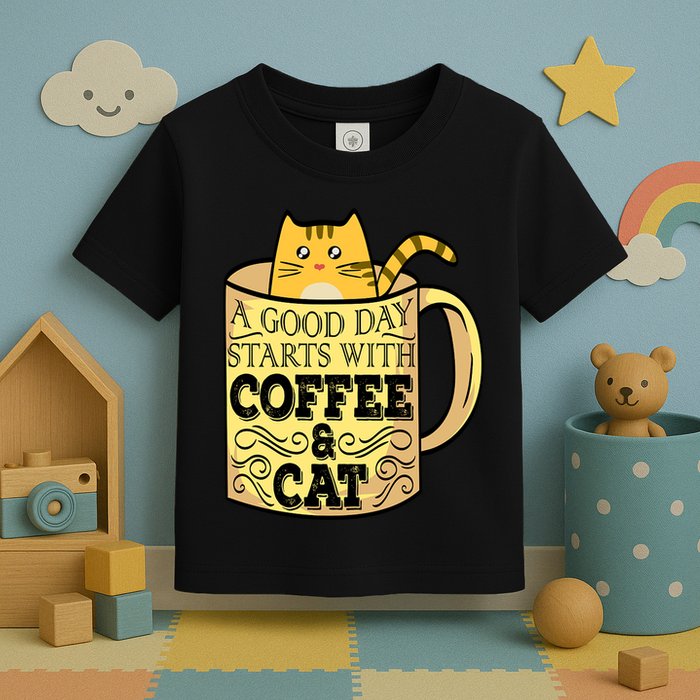 A Good Day Starts With Coffee And Cat Funny Toddler T-Shirt