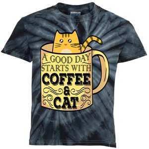 A Good Day Starts With Coffee And Cat Funny Kids Tie-Dye T-Shirt