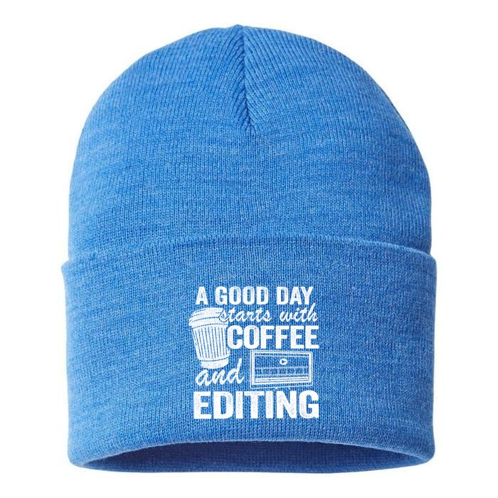A Good Day Starts With Coffee And Editing Editor Filmmaker Funny Gift Sustainable Knit Beanie