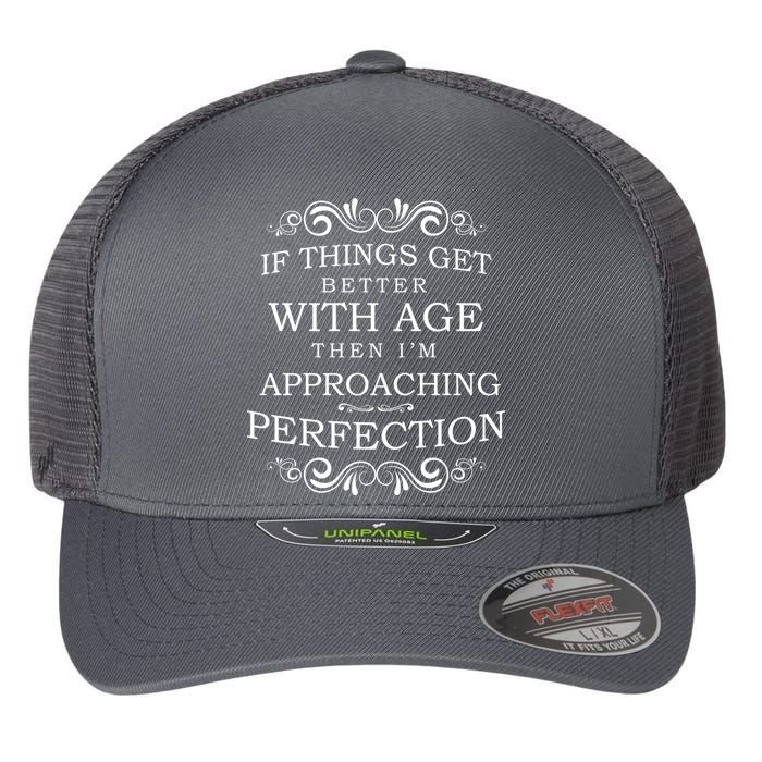 Aged To Perfection Funny Birthday Flexfit Unipanel Trucker Cap