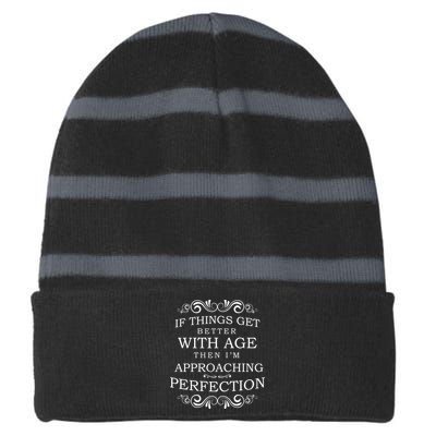 Aged To Perfection Funny Birthday Striped Beanie with Solid Band