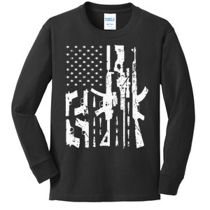 American Gun Flag Hand Gun Rifle Sniper Bullets Distressed Kids Long Sleeve Shirt