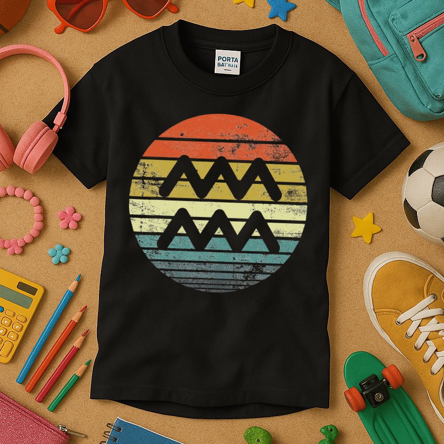 Aquarius Gifts Funny Retro Sunset Zodiac Sign Birthday Kids T-Shirt
