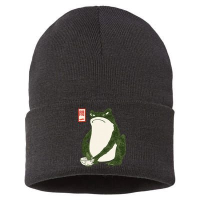 Aesthetic Grumpy Frog Famous Japanese Art Toad Graphic Sustainable Knit Beanie