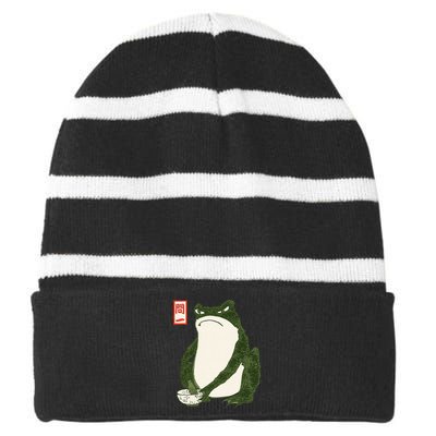 Aesthetic Grumpy Frog Famous Japanese Art Toad Graphic Striped Beanie with Solid Band