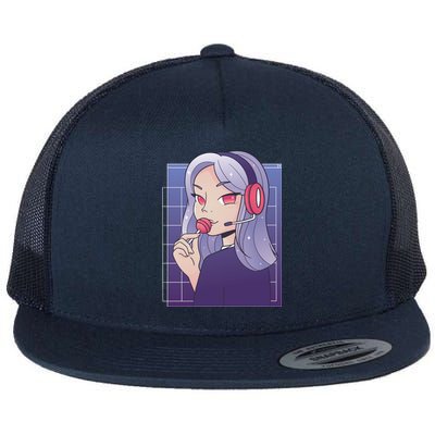 Anime Gamer Girl Lollipop Cute Flat Bill Trucker Hat