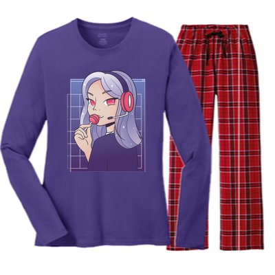 Anime Gamer Girl Lollipop Cute Women's Long Sleeve Flannel Pajama Set 