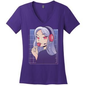 Anime Gamer Girl Lollipop Cute Women's V-Neck T-Shirt