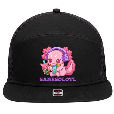 Axolotl Gaming Gamer Video Games Boba Tea Bubble Anime 7 Panel Mesh Trucker Snapback Hat