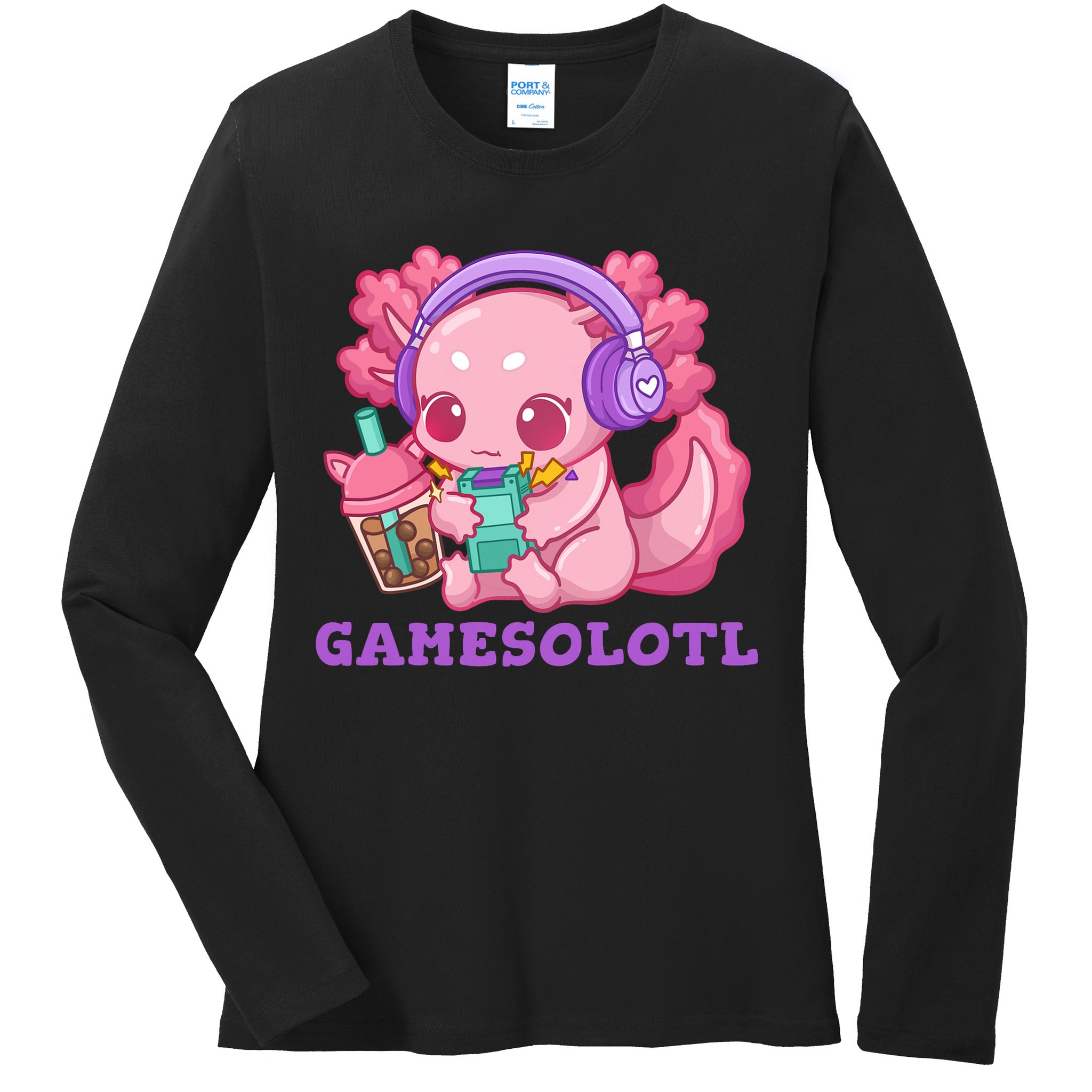Axolotl Gaming Gamer Video Games Boba Tea Bubble Anime Ladies Long Sleeve Shirt