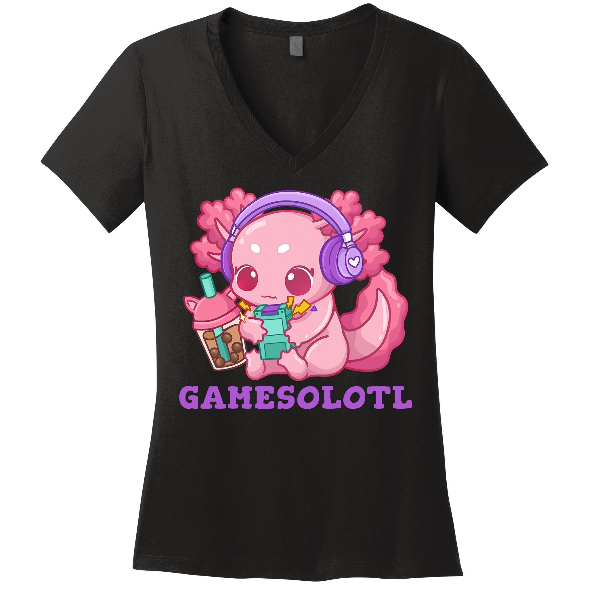 Axolotl Gaming Gamer Video Games Boba Tea Bubble Anime Women's V-Neck T-Shirt