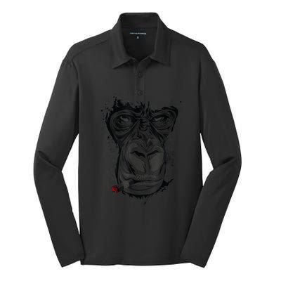 Angry Gorilla Graphic Ape Cigar Smoking Monkey Silk Touch Performance Long Sleeve Polo