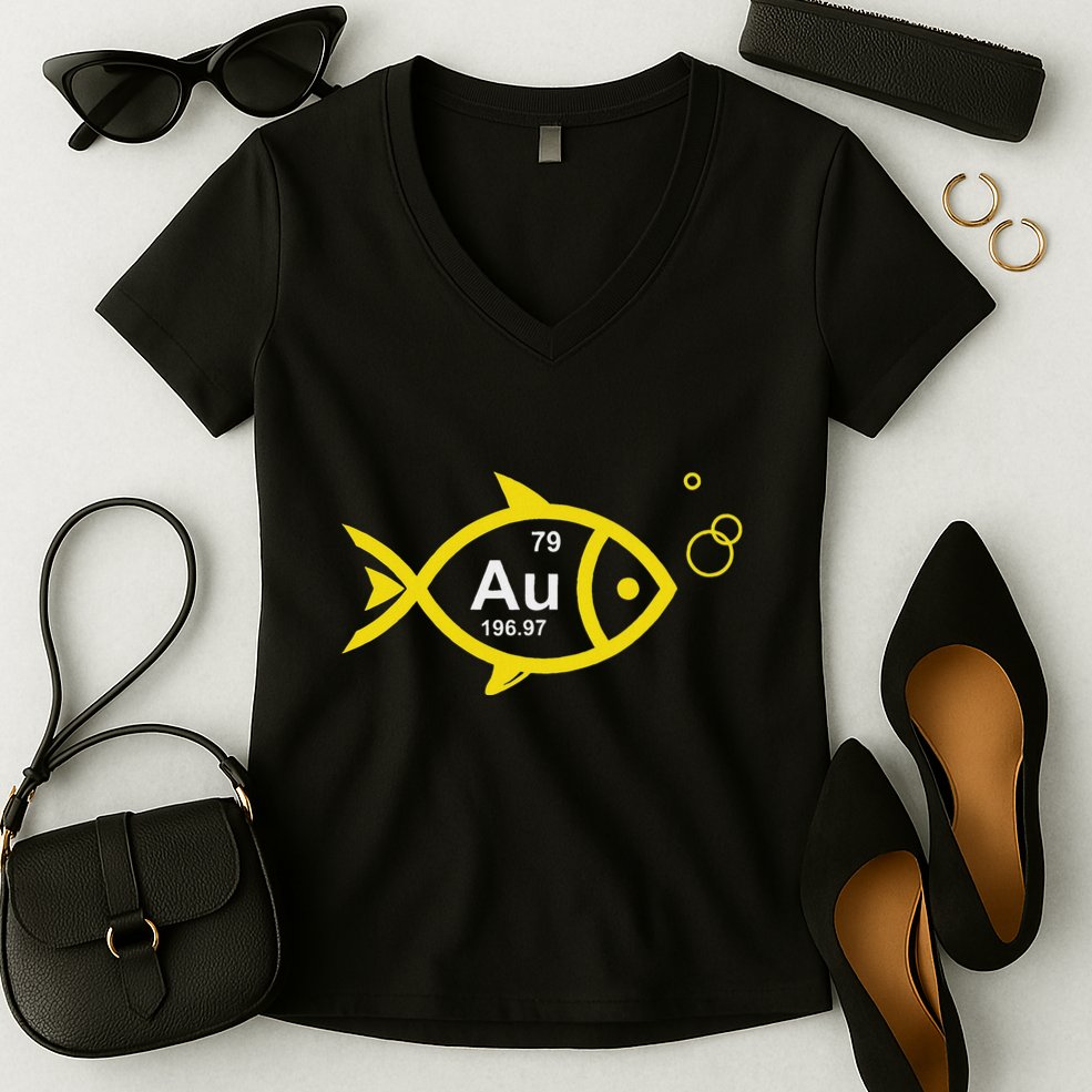 Au Goldfish Gold Metal Chemistry Pun Women's V-Neck T-Shirt