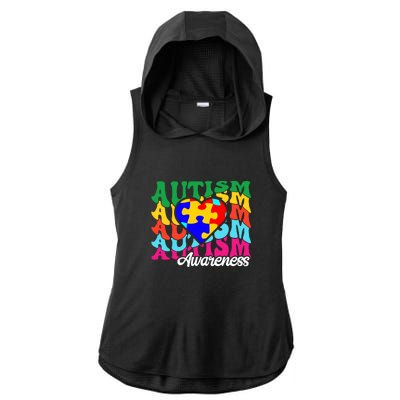 Autism Groovy Heart Puzzle Autism Awareness Month Ladies PosiCharge Tri-Blend Wicking Draft Hoodie Tank