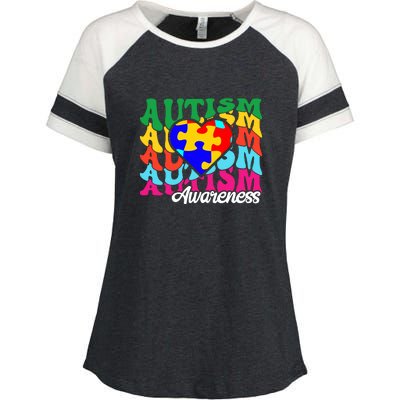 Autism Groovy Heart Puzzle Autism Awareness Month Enza Ladies Jersey Colorblock Tee