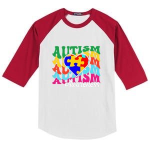 Autism Groovy Heart Puzzle Autism Awareness Month Kids Colorblock Raglan Jersey