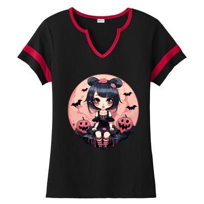 Anime Girls Halloween Otaku Manga Graphic Ladies Halftime Notch Neck Tee