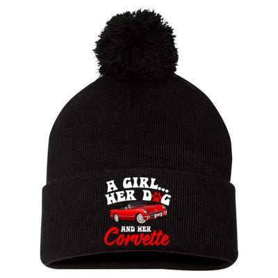 A Girl Her Dog And Her Corvette Dog Mom Pom Pom 12in Knit Beanie