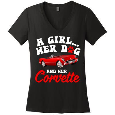 A Girl Her Dog And Her Corvette Dog Mom Women's V-Neck T-Shirt