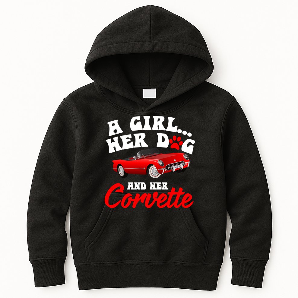 A Girl Her Dog And Her Corvette Dog Mom Kids Hoodie