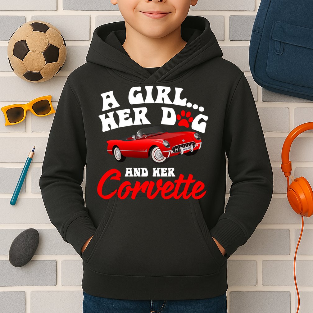 A Girl Her Dog And Her Corvette Dog Mom Kids Hoodie