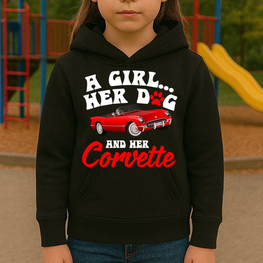A Girl Her Dog And Her Corvette Dog Mom Kids Hoodie