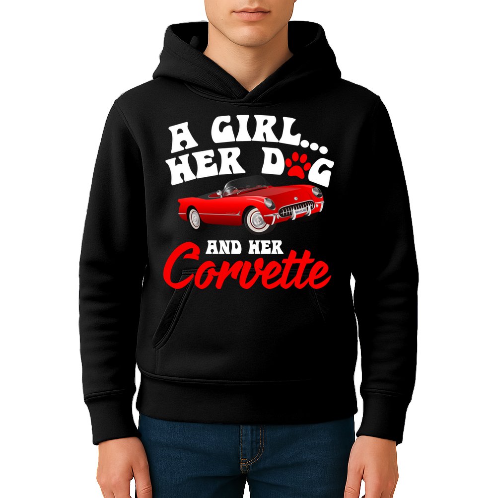 A Girl Her Dog And Her Corvette Dog Mom Kids Hoodie
