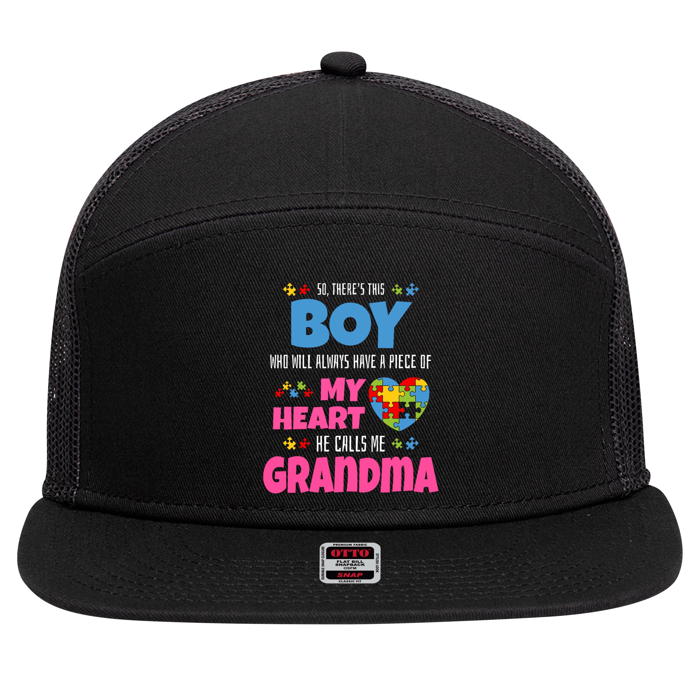 Autism Grandma He Has My Heart Autistic Grandson Gift 7 Panel Mesh Trucker Snapback Hat