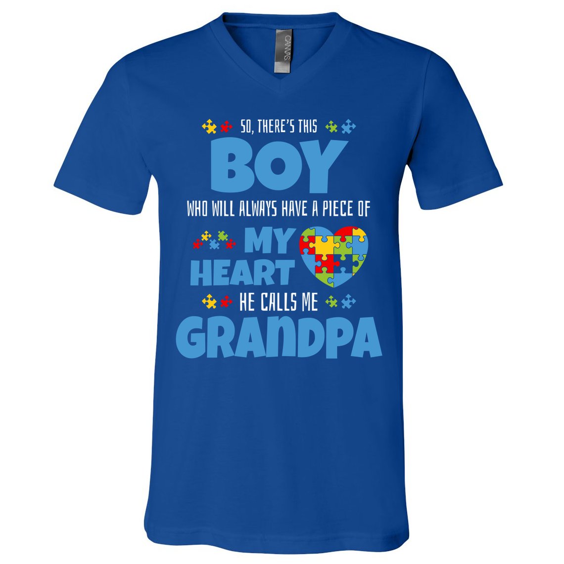 Autism Grandpa He Has My Heart Autistic Grandson Cute Gift V-Neck T-Shirt