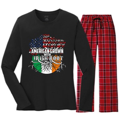 American Grown Irish Root Flag Ireland St Patricks Day Women's Long Sleeve Flannel Pajama Set 