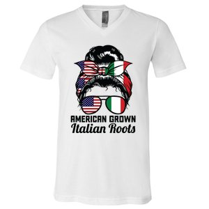 American Grown Italian Roots Messy Bun Italy V-Neck T-Shirt