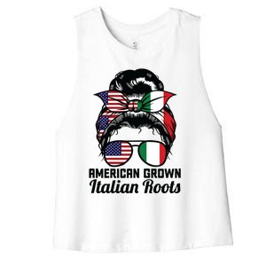 American Grown Italian Roots Messy Bun Italy Women's Racerback Cropped Tank