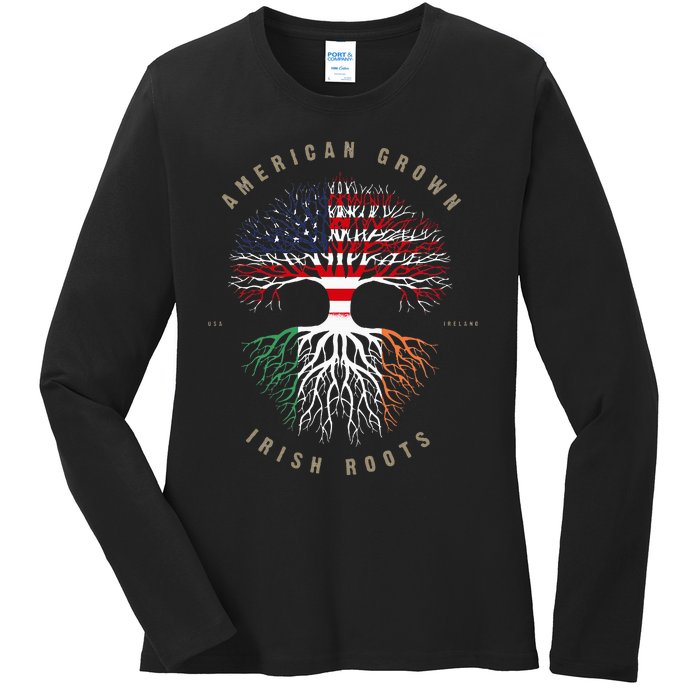 American Grown Irish Roots Ireland Flag Ladies Long Sleeve Shirt