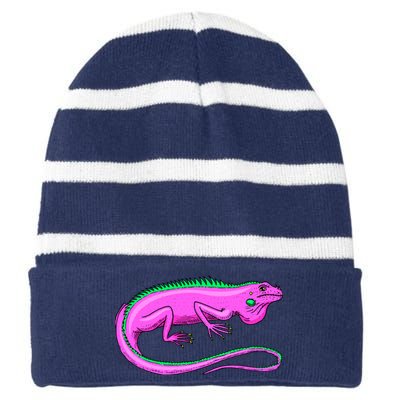 American Green Iguana Lizard Striped Beanie with Solid Band