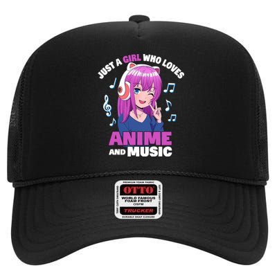 Anime Girl Just A Girl Who Loves Anime And Music High Crown Mesh Back Trucker Hat