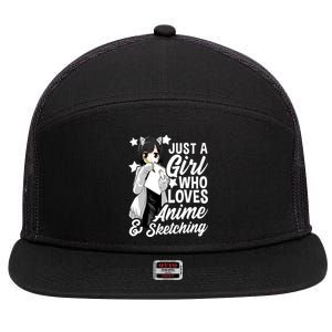 Anime Girl Just A Girl Who Loves Anime and Sketching Drawing 7 Panel Mesh Trucker Snapback Hat