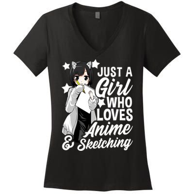 Anime Girl Just A Girl Who Loves Anime and Sketching Drawing Women's V-Neck T-Shirt