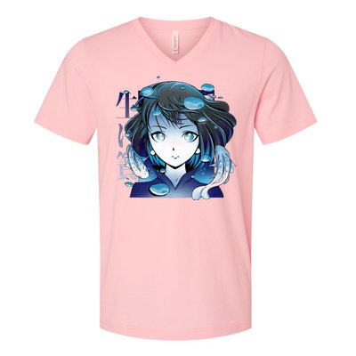 Anime Girl Koi Fishes Japanese V-Neck T-Shirt