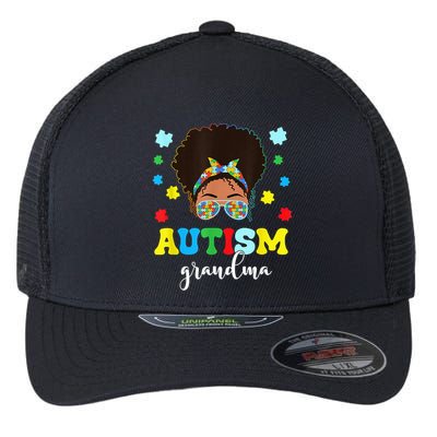 Autism Grandma Life Messy Bun Black Afro Autism Flexfit Unipanel Trucker Cap