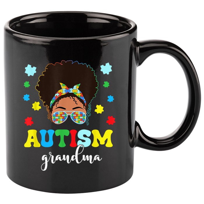 Autism Grandma Life Messy Bun Black Afro Autism 11oz C Handle Ceramic Mug