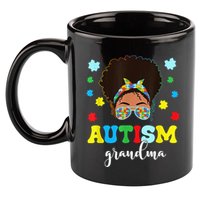 Autism Grandma Life Messy Bun Black Afro Autism 11oz C Handle Ceramic Mug