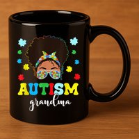 Autism Grandma Life Messy Bun Black Afro Autism 11oz C Handle Ceramic Mug