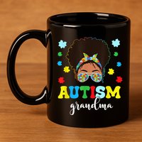 Autism Grandma Life Messy Bun Black Afro Autism 11oz C Handle Ceramic Mug