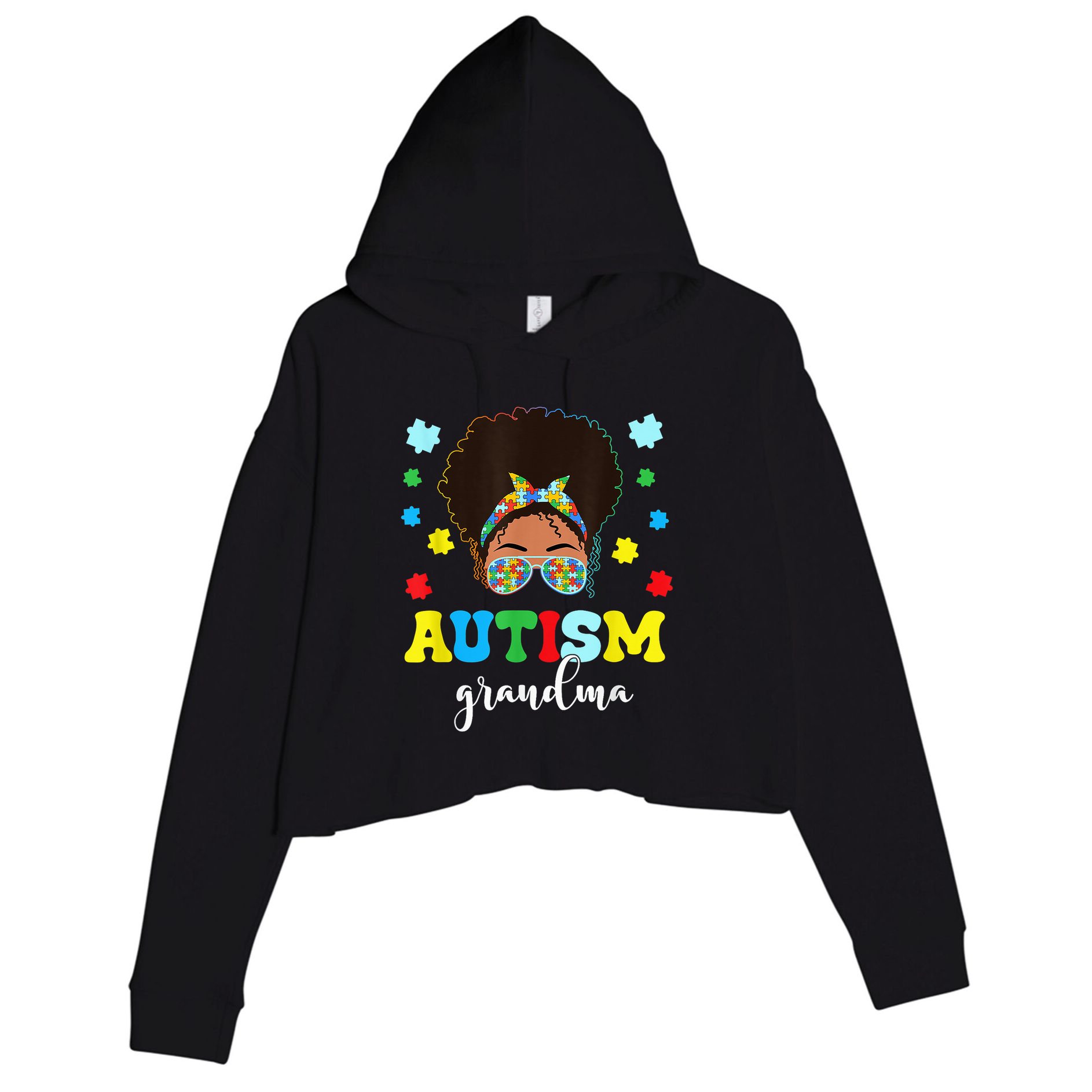 Autism Grandma Life Messy Bun Black Afro Autism Crop Fleece Hoodie