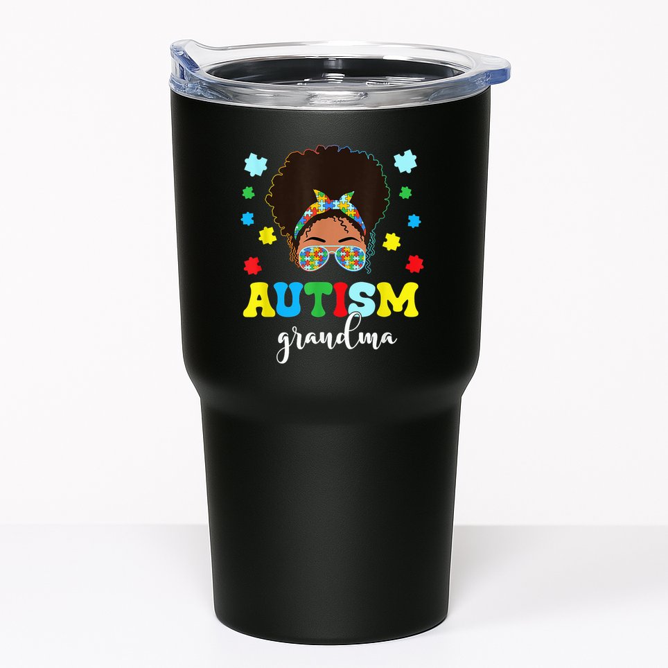 Autism Grandma Life Messy Bun Black Afro Autism Tumbler