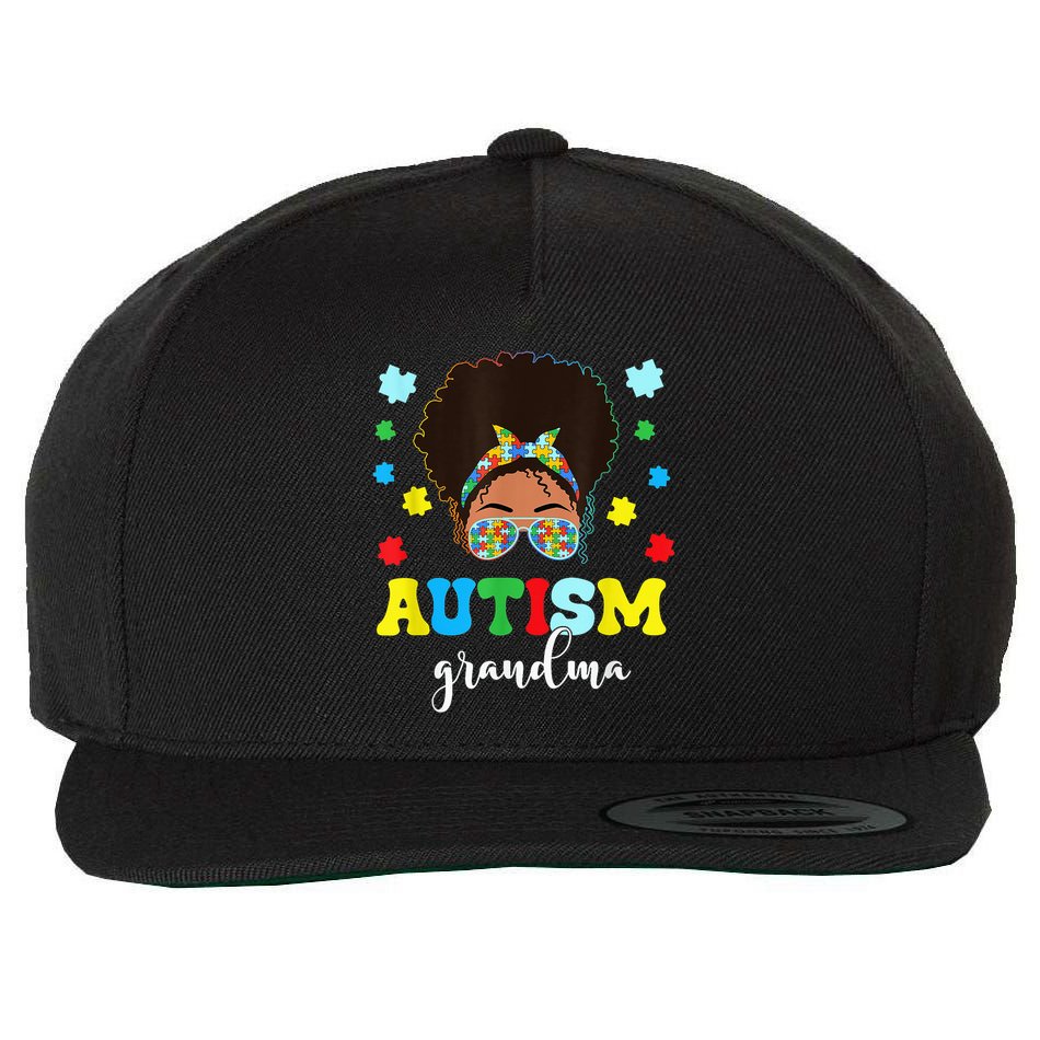 Autism Grandma Life Messy Bun Black Afro Autism Wool Snapback Cap