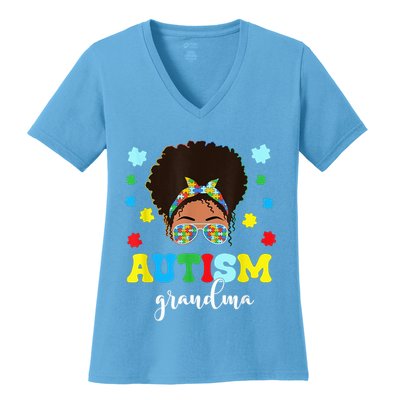 Autism Grandma Life Messy Bun Black Afro Autism Women's V-Neck T-Shirt